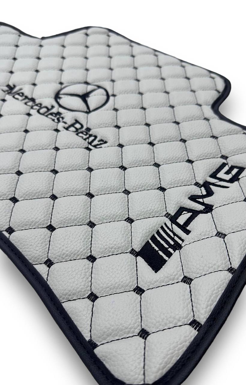 MERCEDES-BENZ Leather Luxury Car Floor Mats | Fits A-B-C-CL Series-E-EQ Series-S-SL Series-G-GL Series-ML-MAYBACH-R-AMG Models | Gray Leather & Black Stitch