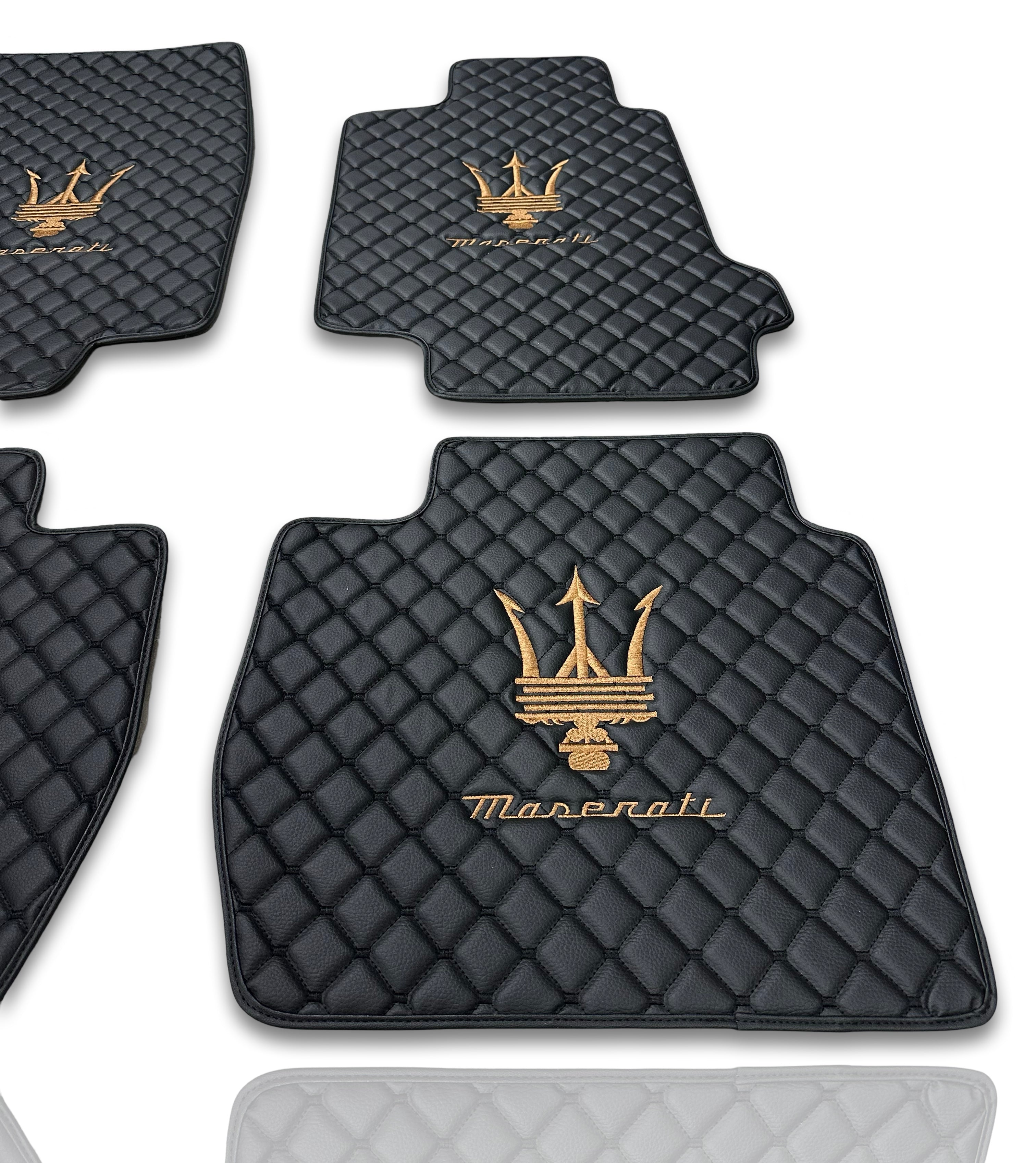 MASERATİ Leather Luxury Car Floor Mats | Fits Ghibli-Quattroporte-GranCabrio-GranTurismo-Levante-Grecale-MC20 Models | Black Leather & Black Stitch