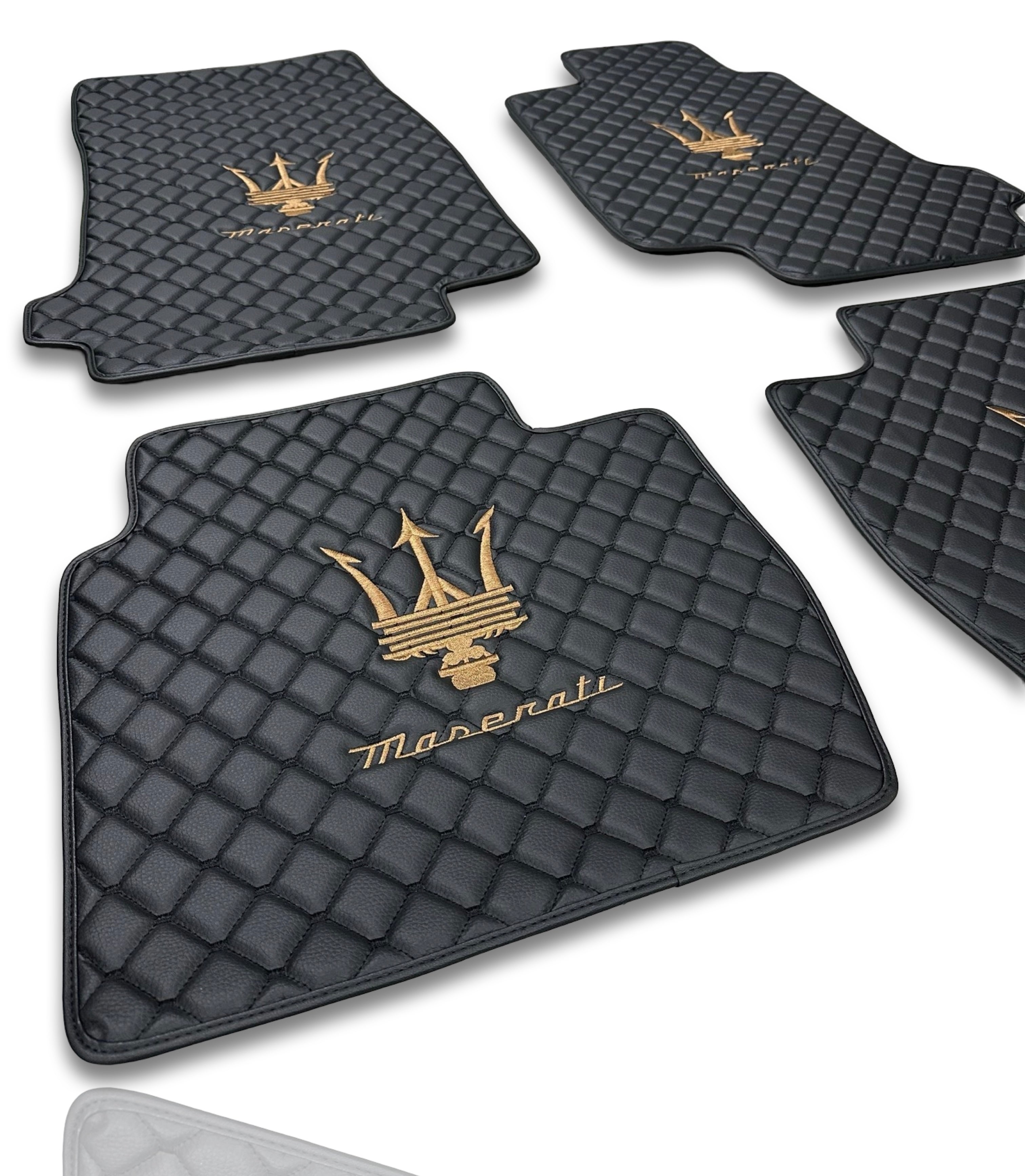 MASERATİ Leather Luxury Car Floor Mats | Fits Ghibli-Quattroporte-GranCabrio-GranTurismo-Levante-Grecale-MC20 Models | Black Leather & Black Stitch