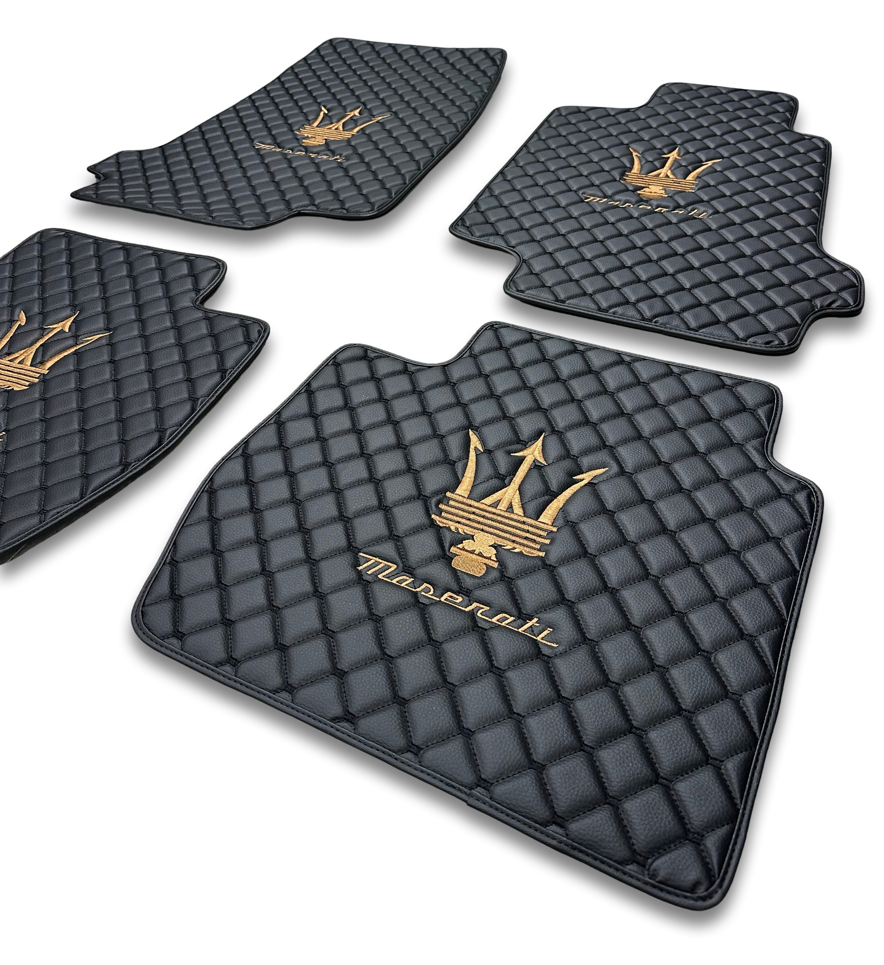 MASERATİ Leather Luxury Car Floor Mats | Fits Ghibli-Quattroporte-GranCabrio-GranTurismo-Levante-Grecale-MC20 Models | Black Leather & Black Stitch