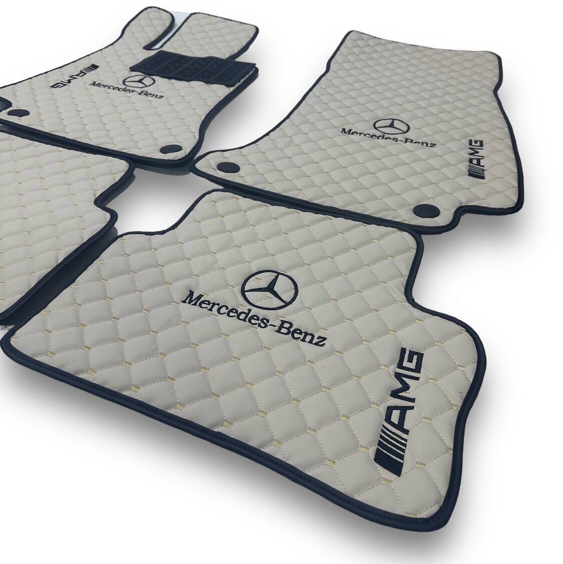 Tapis de sol de luxe en moquette MERCEDES-BENZ | Compatible avec les séries A-B-C-CL-E-EQ-S-SL-G-GL-ML-MAYBACH-R-AMG | Bordure beige & logo