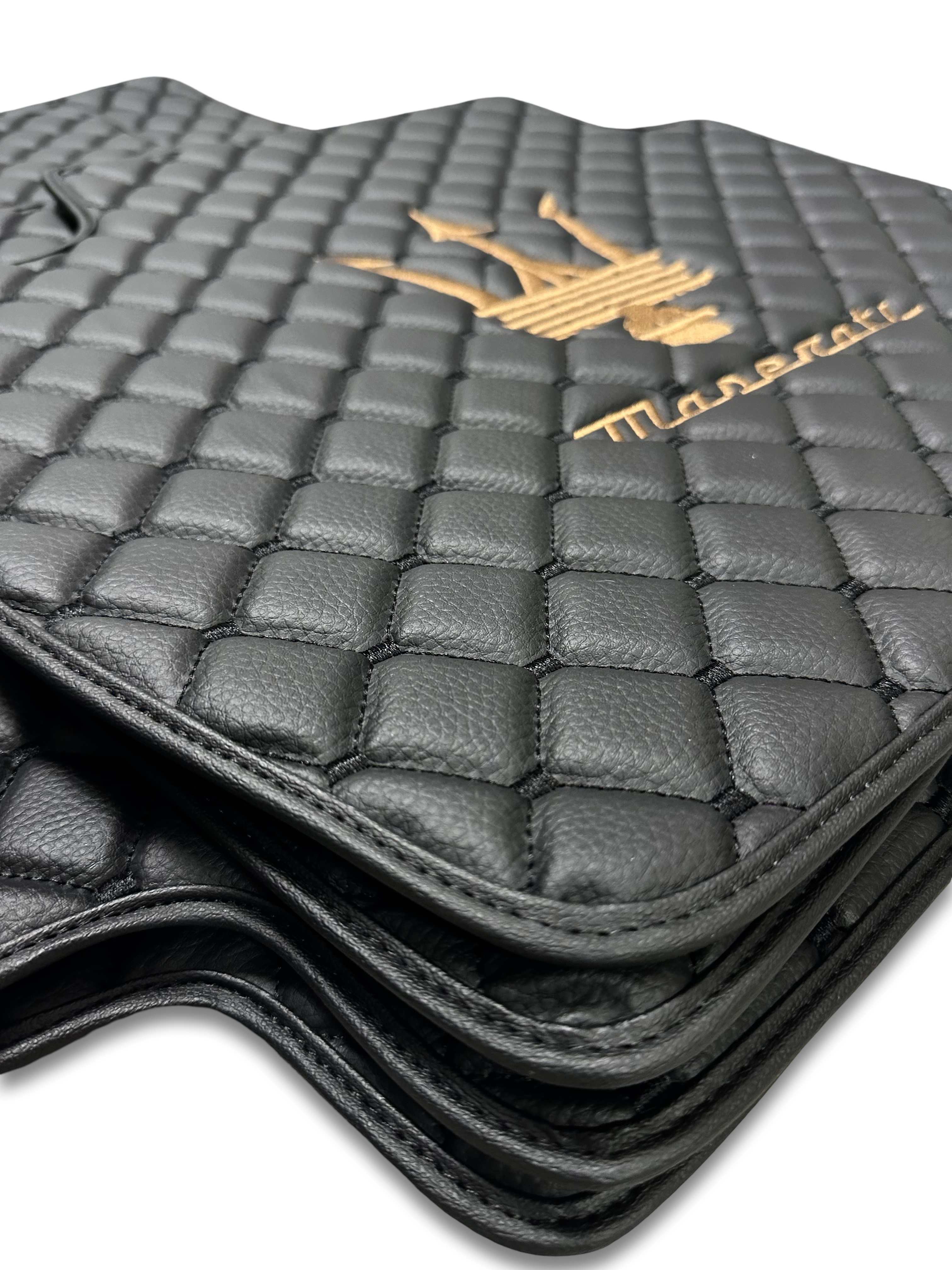 MASERATİ Leather Luxury Car Floor Mats | Fits Ghibli-Quattroporte-GranCabrio-GranTurismo-Levante-Grecale-MC20 Models | Black Leather & Black Stitch