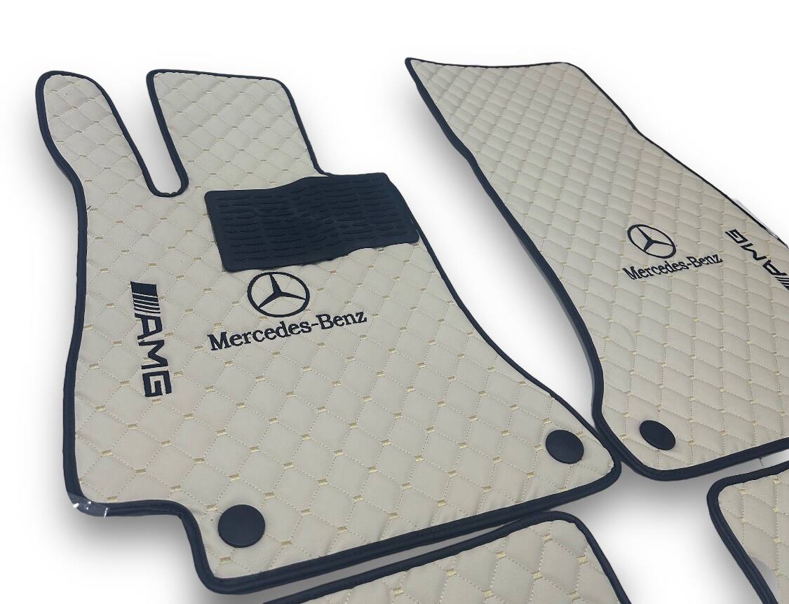 MERCEDES-BENZ Leather Luxury Car Floor Mats | Fits A-B-C-CL Series-E-EQ Series-S-SL Series-G-GL Series-ML-MAYBACH-R-AMG Models | Beige Leather & Beige Stitch