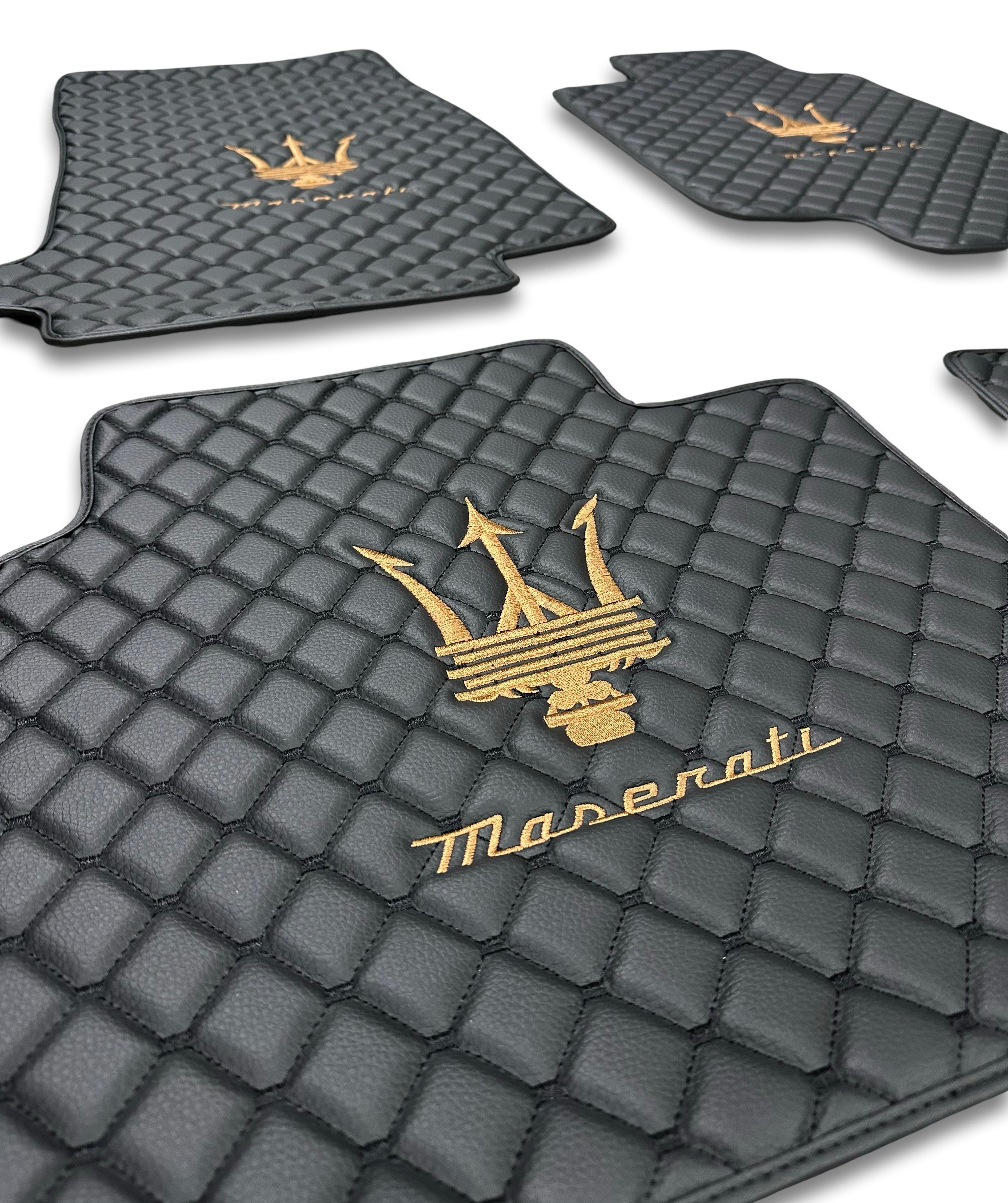MASERATİ Leather Luxury Car Floor Mats | Fits Ghibli-Quattroporte-GranCabrio-GranTurismo-Levante-Grecale-MC20 Models | Black Leather & Black Stitch