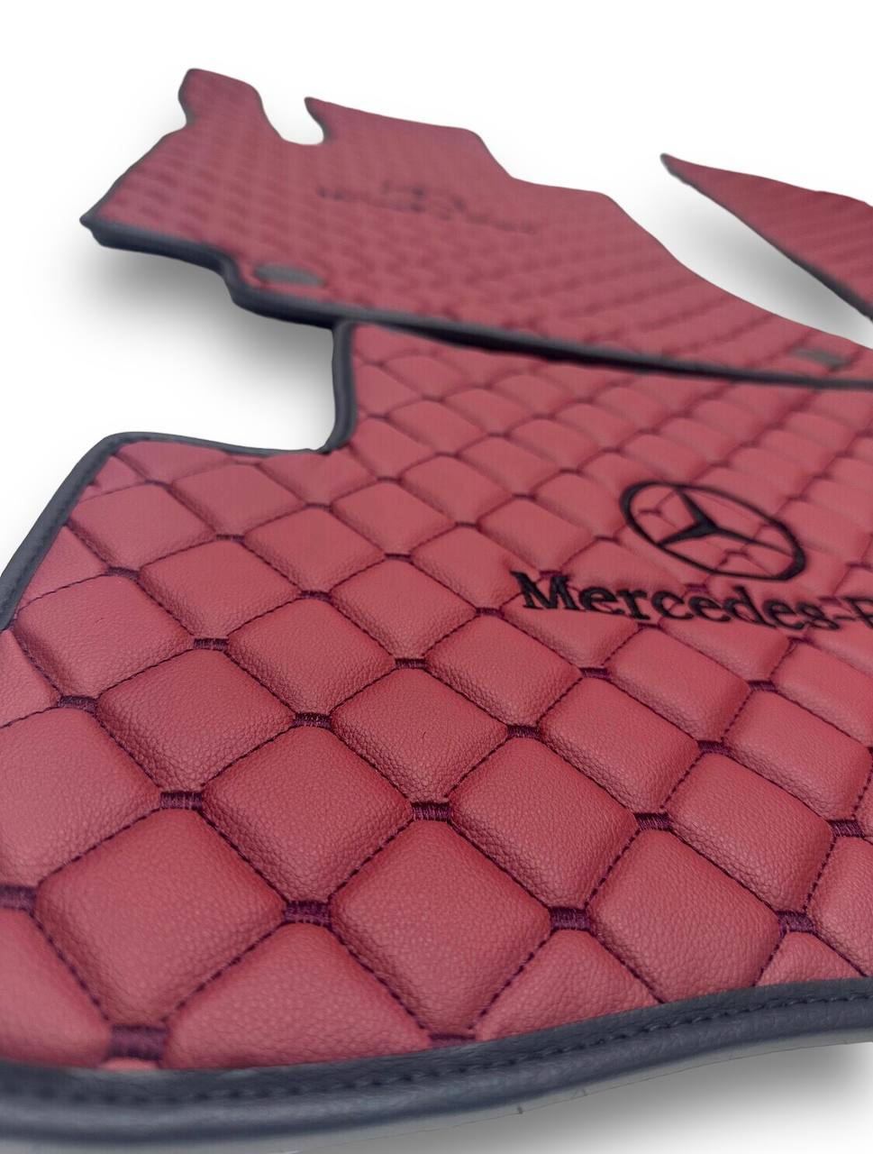 MERCEDES-BENZ Leather Luxury Car Floor Mats | Fits A-B-C-CL Series-E-EQ Series-S-SL Series-G-GL Series-ML-MAYBACH-R-AMG Models | Red Leather & Red Stitch