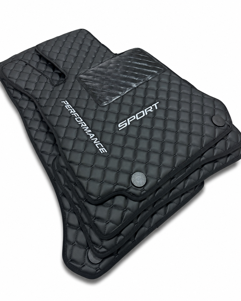 Tapis de sol de luxe en cuir pour voiture compatibles avec Mercedes-Benz | Conviennent aux classes A, B, C, E, S, G, ainsi qu'aux modèles CLA, CLE, CLS, GLA, GLB, GLC, GLE, GLS, SL, EQ, AMG, Maybach et autres | Cuir noir et surpiqûres noires
