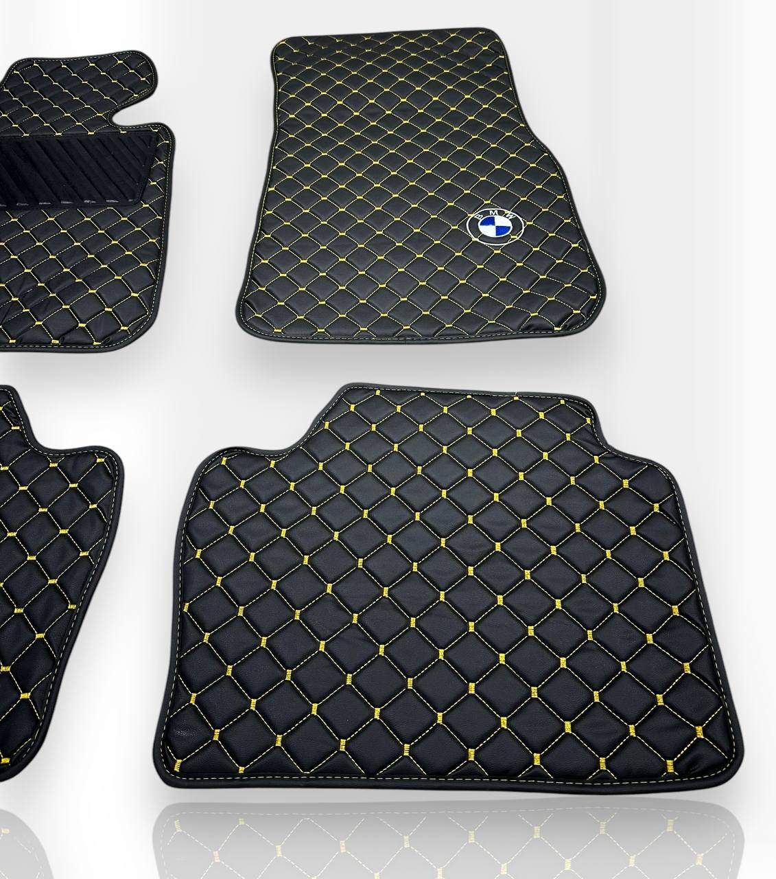 BMW Leather Luxury Car Floor Mats | Fits 1-2-3-4-5-6-7-8-M2-M3-M4-M5-M6-M8-X1-X2-X3-X4-X5-X6-X7-Z3-Z4-i3-i4-i5 Models | Black Leather & Brown Stitch