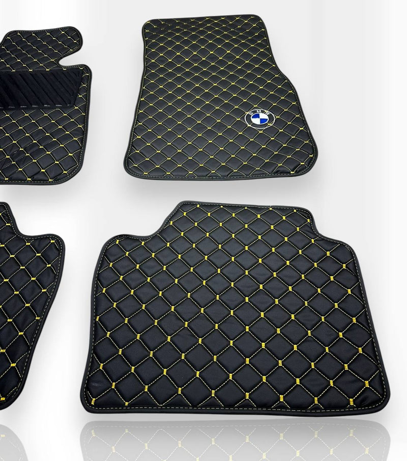 Luxury Leather Car Floor Mats Compatible With BMW Models | Fits 1, 2, 3, 4, 5, 6, 7, 8 Series, X1, X2, X3, X4, X5, X6, X7, XM, Z4, i4, i5, i7, iX, M2, M3, M4, M5, M8 Models | Black Leather & Brown Stitch