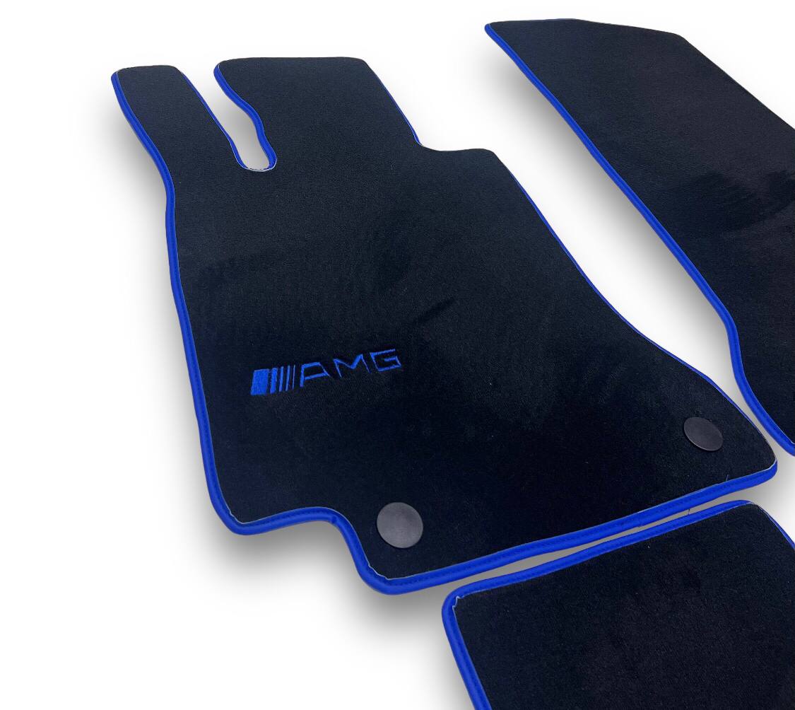 MERCEDES-BENZ Carpet Luxury Car Floor Mats | Fits A-B-C-CL Series-E-EQ Series-S-SL Series-G-GL Series-ML-MAYBACH-R-AMG Models | Blue Edging & Logo