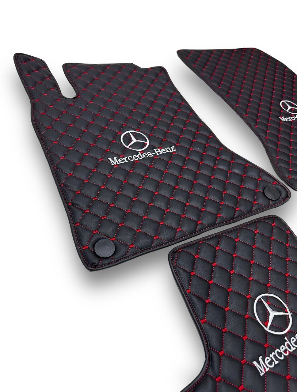 MERCEDES-BENZ Leather Luxury Car Floor Mats | Fits A-B-C-CL Series-E-EQ Series-S-SL Series-G-GL Series-ML-MAYBACH-R-AMG Models | Black Leather & Red Stitch
