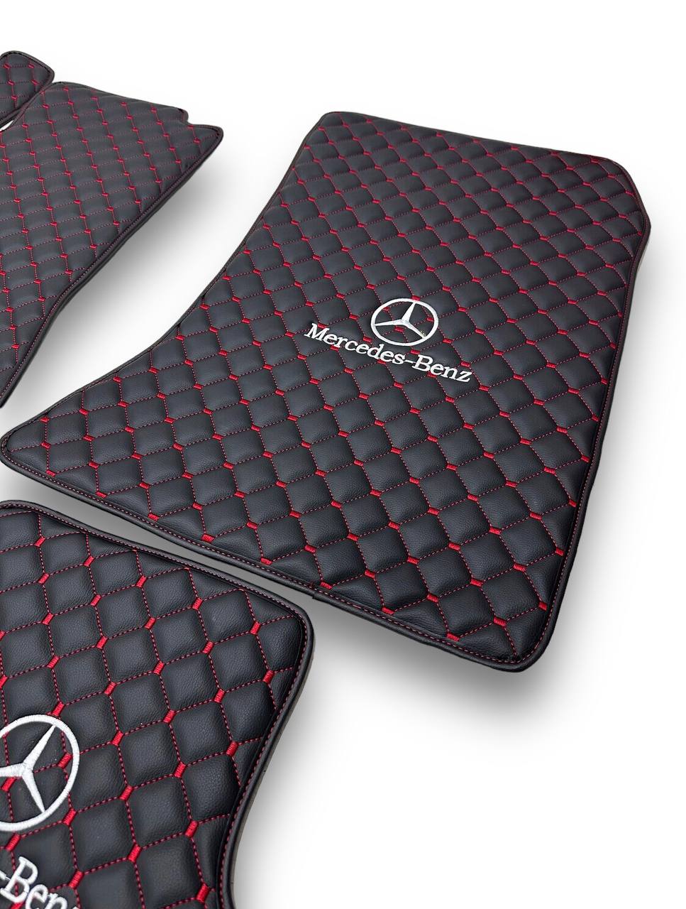 MERCEDES-BENZ Leather Luxury Car Floor Mats | Fits A-B-C-CL Series-E-EQ Series-S-SL Series-G-GL Series-ML-MAYBACH-R-AMG Models | Black Leather & Red Stitch