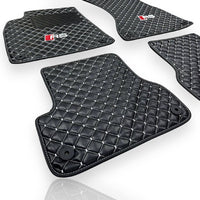 AUDİ Leather Premium Luxury Car Floor Mat Set Black And White Stitch