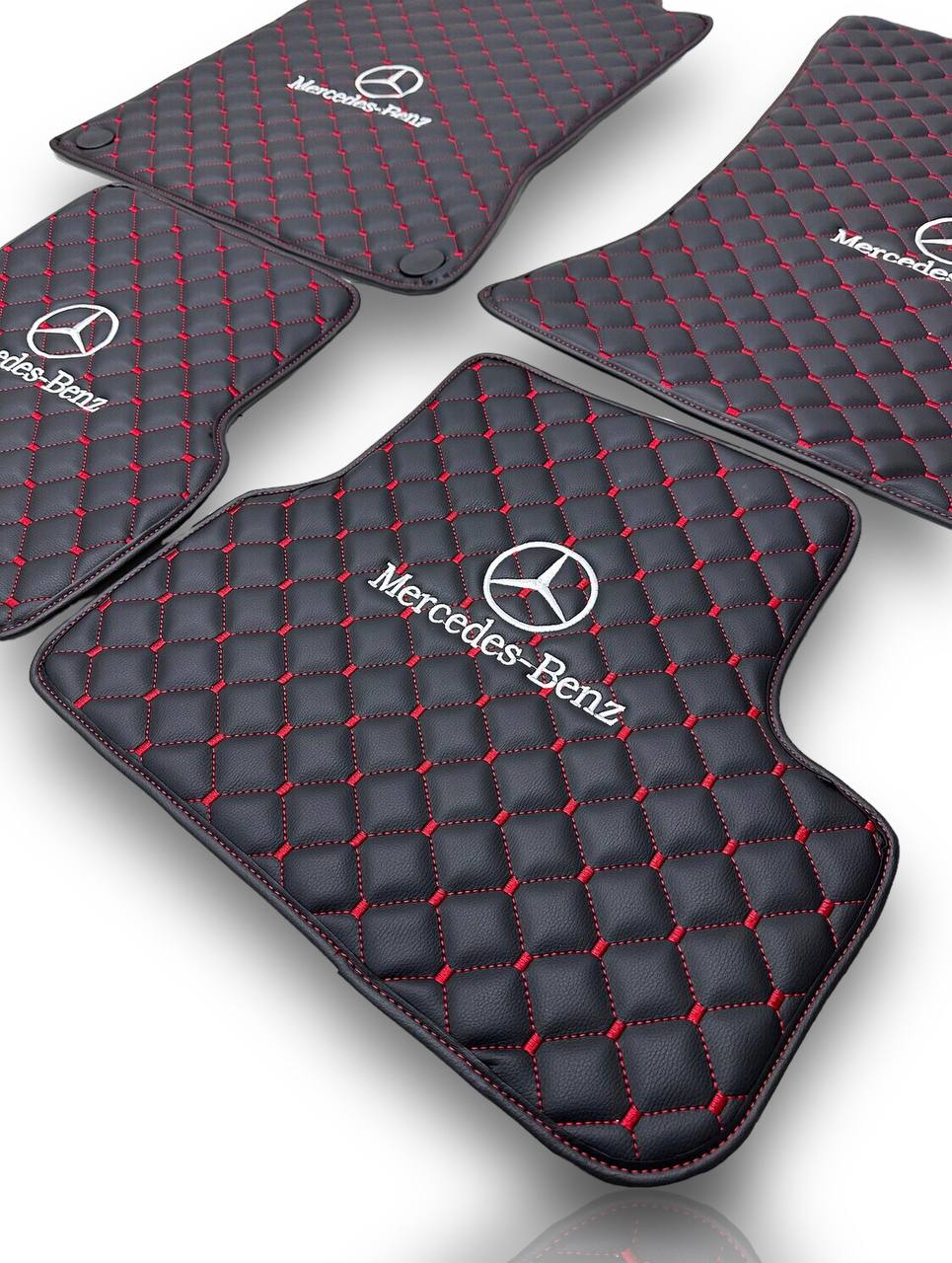 Luxury Leather Car Floor Mats Compatible With MERCEDES-BENZ | Fits A-B-C-CL Series-E-EQ Series-S-SL Series-G-GL Series-ML-MAYBACH-R-AMG Models | Black Leather & Red Stitch