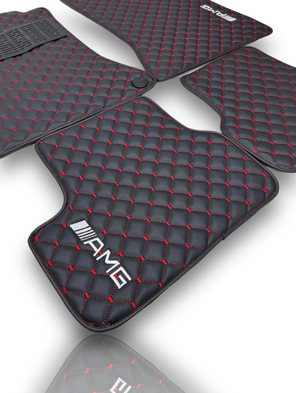 Luxury Leather Car Floor Mats Compatible With MERCEDES-BENZ | Fits A-B-C-CL Series-E-EQ Series-S-SL Series-G-GL Series-ML-MAYBACH-R-AMG Models | Black Leather & Red Stitch