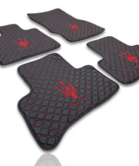 Luxury Leather Car Floor Mats Compatible With Maserati | Fits Ghibli, Quattroporte, GranTurismo, GranCabrio, Levante, Grecale, MC20, MCPURA, 4200 GT & More | Black Leather & Red Stitch