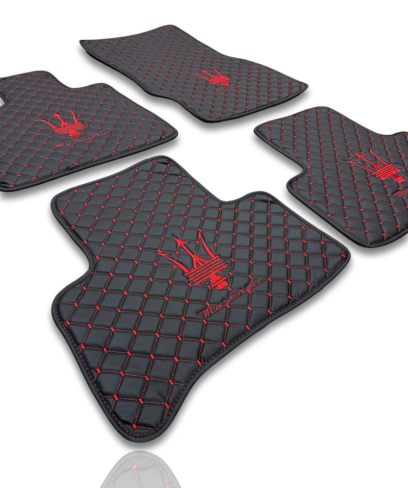 Luxury Leather Car Floor Mats Compatible With Maserati | Fits Ghibli, Quattroporte, GranTurismo, GranCabrio, Levante, Grecale, MC20, MCPURA, 4200 GT & More | Black Leather & Red Stitch