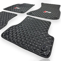 AUDİ Leather Premium Luxury Car Floor Mat Set Black And White Stitch