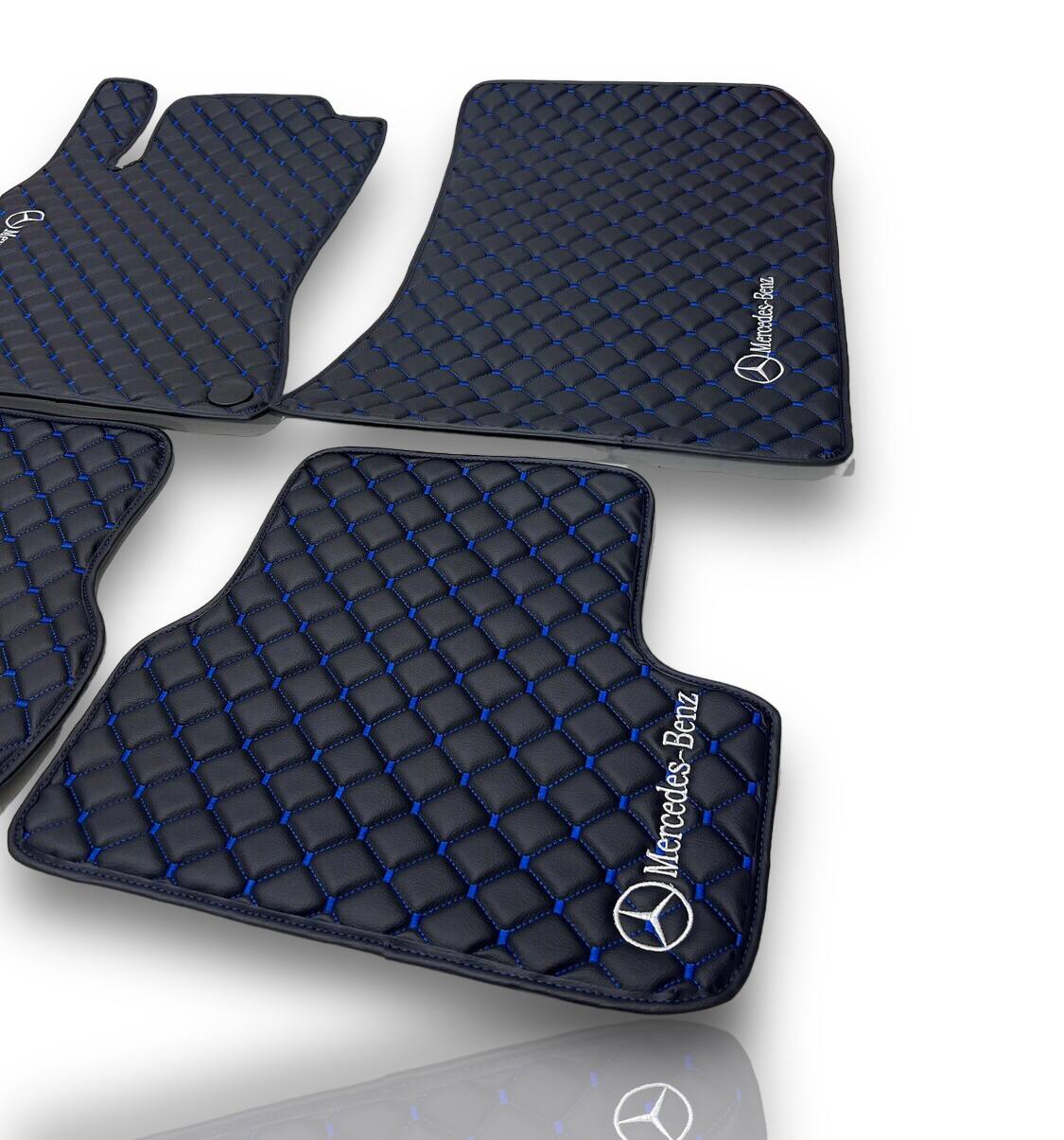 MERCEDES-BENZ Leather Luxury Car Floor Mats | Fits A-B-C-CL Series-E-EQ Series-S-SL Series-G-GL Series-ML-MAYBACH-R-AMG Models | Black Leather & Blue Stitch