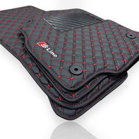 AUDİ Leather Premium Luxury Car Floor Mat Set Black And Red Stitch