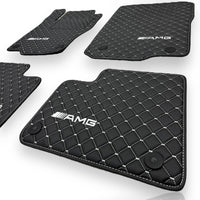 MERCEDES-BENZ Leather Premium Luxury Car Floor Mat Set Black And White Stitch