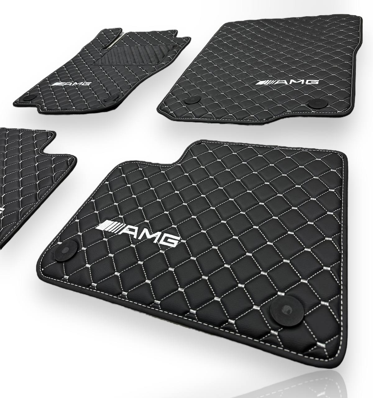 MERCEDES-BENZ Leather Luxury Car Floor Mats | Fits A-B-C-CL Series-E-EQ Series-S-SL Series-G-GL Series-ML-MAYBACH-R-AMG Models | Black Leather & White Stitch