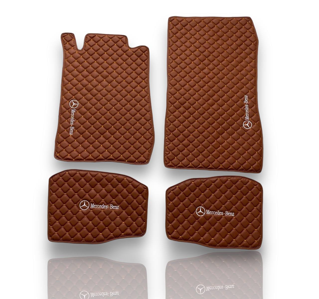 MERCEDES-BENZ Leather Luxury Car Floor Mats | Fits A-B-C-CL Series-E-EQ Series-S-SL Series-G-GL Series-ML-MAYBACH-R-AMG Models | Brown Leather & Brown Stitch