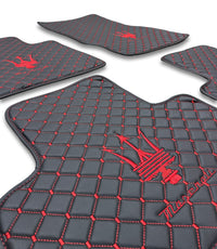 Luxury Leather Car Floor Mats Compatible With Maserati | Fits Ghibli, Quattroporte, GranTurismo, GranCabrio, Levante, Grecale, MC20, MCPURA, 4200 GT & More | Black Leather & Red Stitch