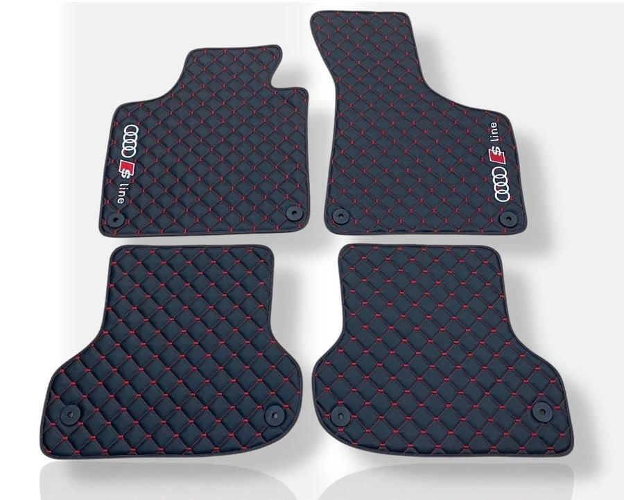 AUDİ Leather Premium Luxury Car Floor Mat Set Black And Red Stitch