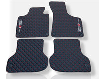 Luxe leren automatten compatibel met Audi | Geschikt voor A1, A3, A4, A5, A6, A7, A8, Q2, Q3, Q4, Q5, Q6, Q7, Q8, e-tron GT, TT, R8, S, RS en meer | Zwart leer en rood stiksel