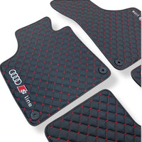 AUDİ Leather Premium Luxury Car Floor Mat Set Black And Red Stitch