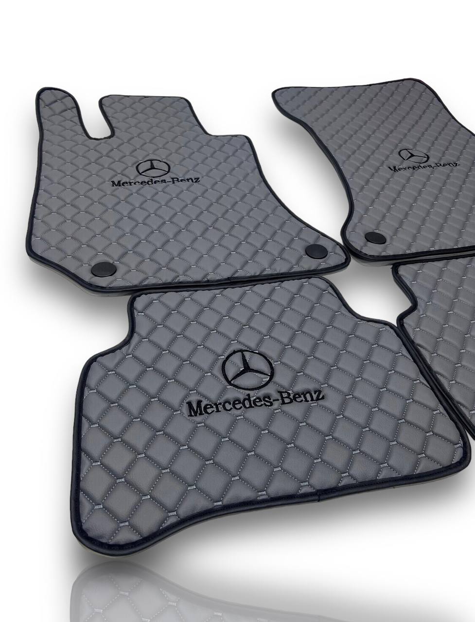Luxury Leather Car Floor Mats Compatible With MERCEDES-BENZ | Fits A-B-C-CL Series-E-EQ Series-S-SL Series-G-GL Series-ML-MAYBACH-R-AMG Models | Gray Leather & Gray Stitch