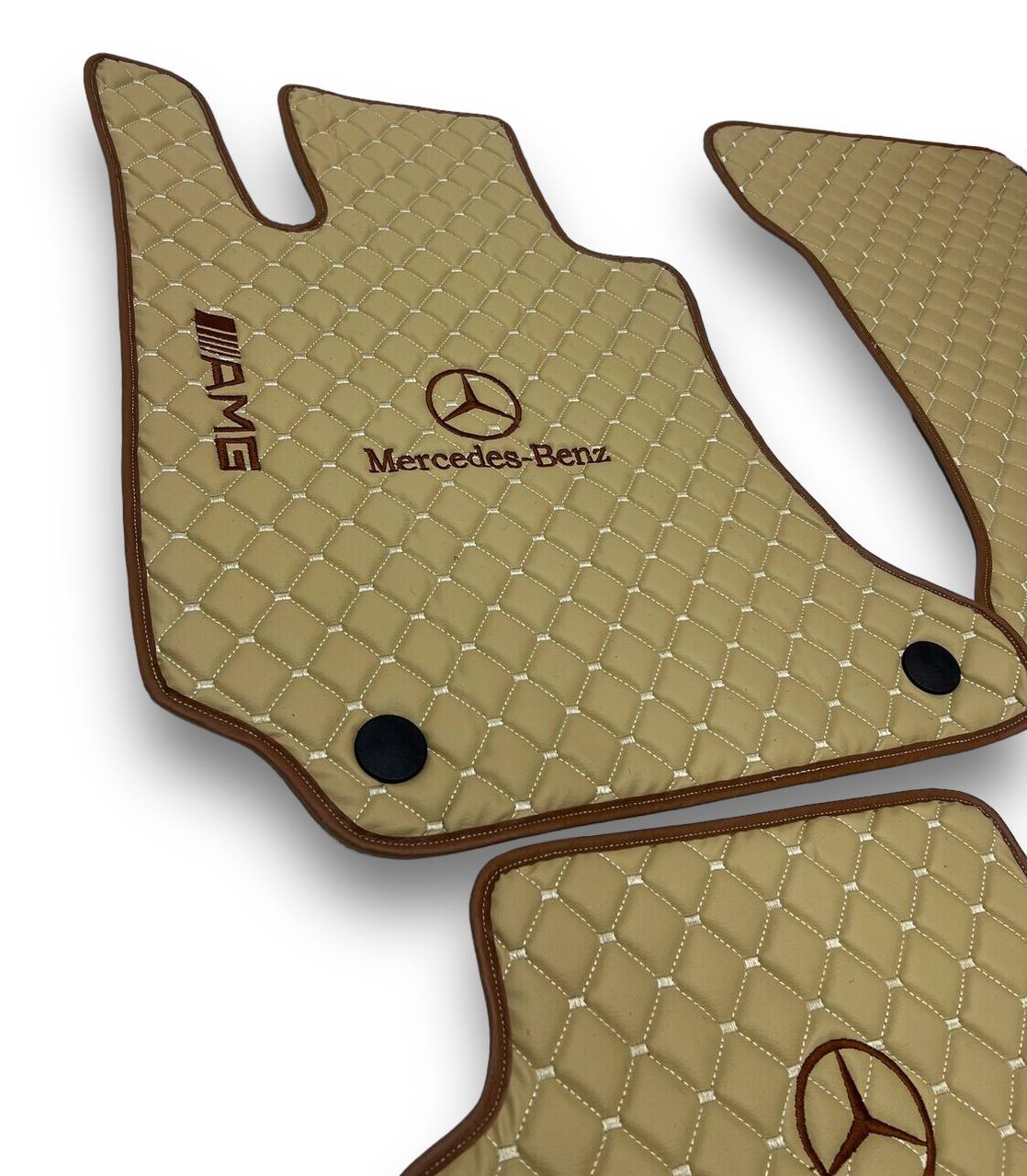 MERCEDES-BENZ Leather Luxury Car Floor Mats | Fits A-B-C-CL Series-E-EQ Series-S-SL Series-G-GL Series-ML-MAYBACH-R-AMG Models | Beige Leather & Beige Stitch