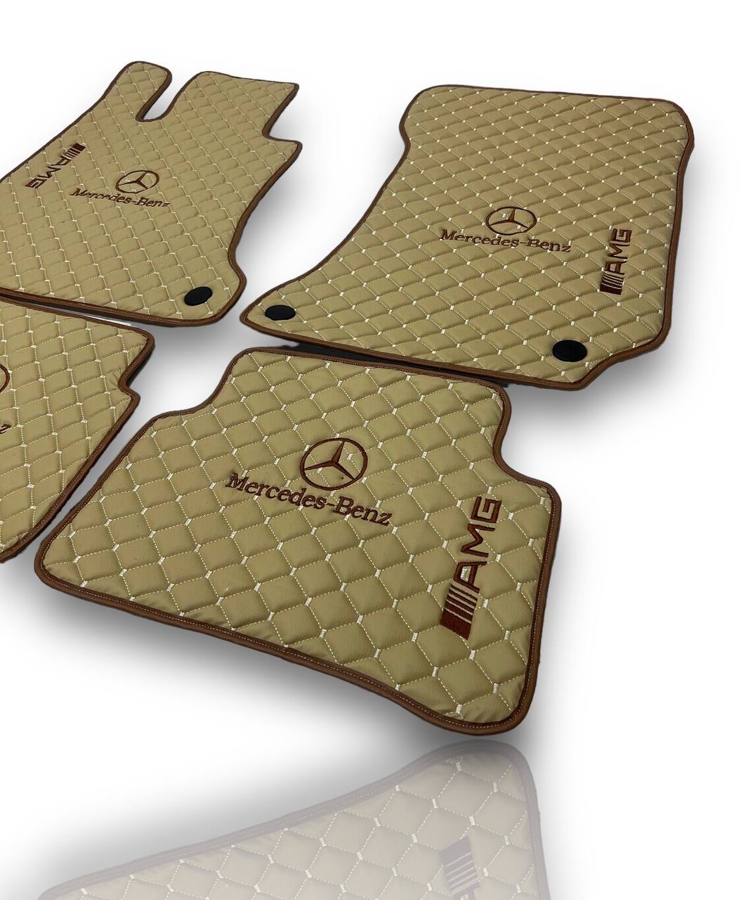 MERCEDES-BENZ Leather Luxury Car Floor Mats | Fits A-B-C-CL Series-E-EQ Series-S-SL Series-G-GL Series-ML-MAYBACH-R-AMG Models | Beige Leather & Beige Stitch & Brown Edge