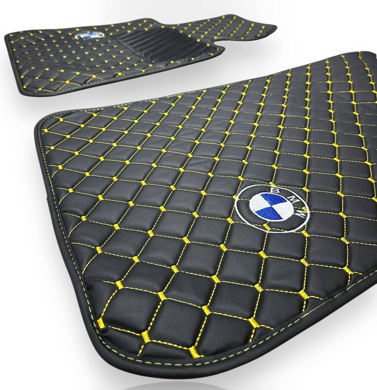 BMW Leather Luxury Car Floor Mats | Fits 1-2-3-4-5-6-7-8-M2-M3-M4-M5-M6-M8-X1-X2-X3-X4-X5-X6-X7-Z3-Z4-i3-i4-i5 Models | Black Leather & Brown Stitch