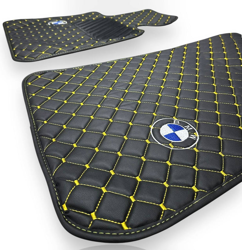 Luxury Leather Car Floor Mats Compatible With BMW Models | Fits 1, 2, 3, 4, 5, 6, 7, 8 Series, X1, X2, X3, X4, X5, X6, X7, XM, Z4, i4, i5, i7, iX, M2, M3, M4, M5, M8 Models | Black Leather & Brown Stitch