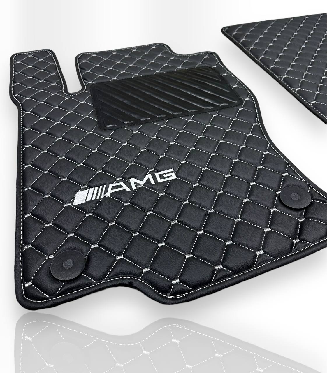 MERCEDES-BENZ Leather Luxury Car Floor Mats | Fits A-B-C-CL Series-E-EQ Series-S-SL Series-G-GL Series-ML-MAYBACH-R-AMG Models | Black Leather & White Stitch
