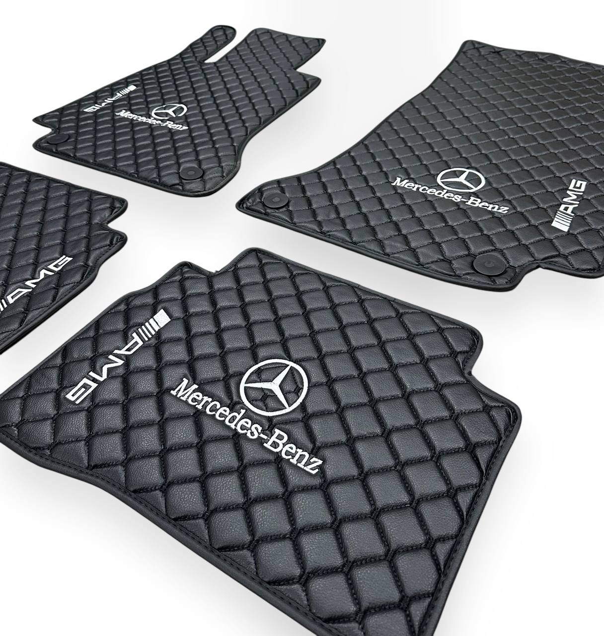 Luxury Leather Car Floor Mats Compatible With Mercedes-Benz | Fits A-B-C-CL Series-E-EQ Series-S-SL Series-G-GL Series-ML-MAYBACH-R-AMG Models | Black Leather & Black Stitch