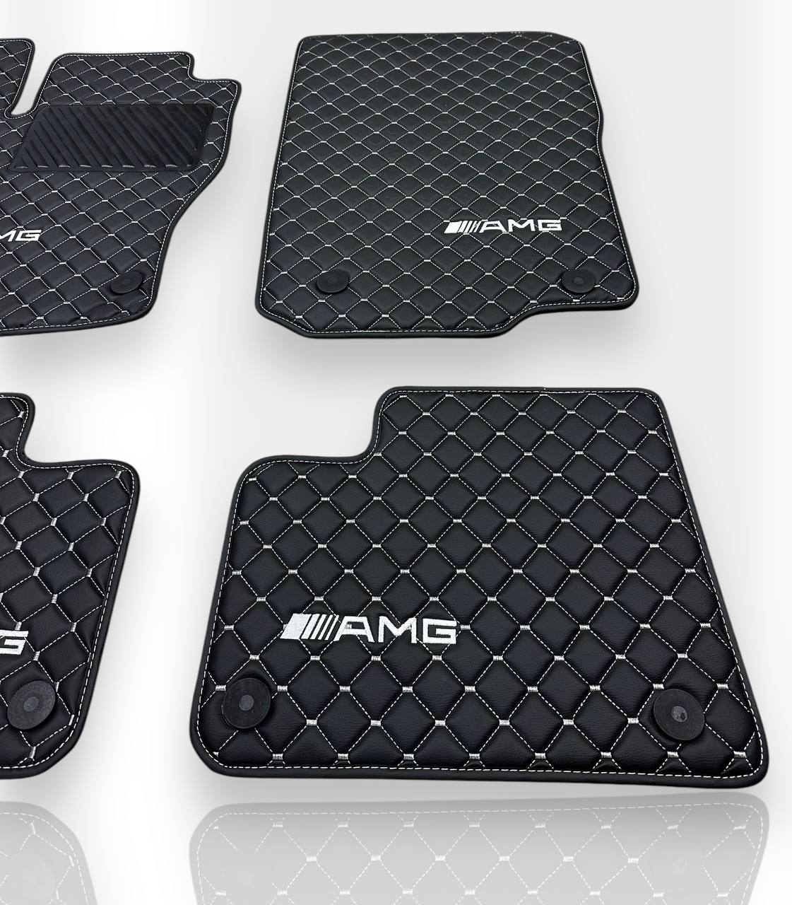 MERCEDES-BENZ Leather Luxury Car Floor Mats | Fits A-B-C-CL Series-E-EQ Series-S-SL Series-G-GL Series-ML-MAYBACH-R-AMG Models | Black Leather & White Stitch