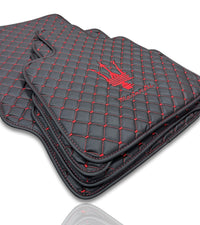 Luxury Leather Car Floor Mats Compatible With Maserati | Fits Ghibli, Quattroporte, GranTurismo, GranCabrio, Levante, Grecale, MC20, MCPURA, 4200 GT & More | Black Leather & Red Stitch