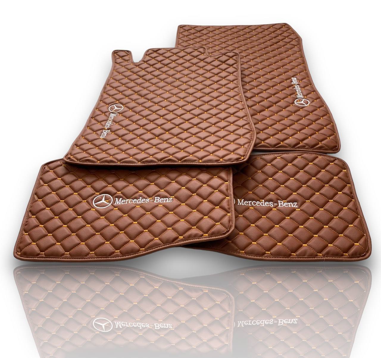 MERCEDES-BENZ Leather Luxury Car Floor Mats | Fits A-B-C-CL Series-E-EQ Series-S-SL Series-G-GL Series-ML-MAYBACH-R-AMG Models | Brown Leather & Brown Stitch