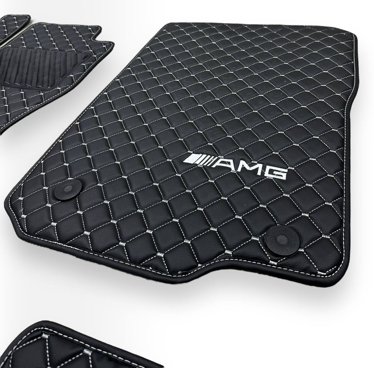 MERCEDES-BENZ Leather Luxury Car Floor Mats | Fits A-B-C-CL Series-E-EQ Series-S-SL Series-G-GL Series-ML-MAYBACH-R-AMG Models | Black Leather & White Stitch