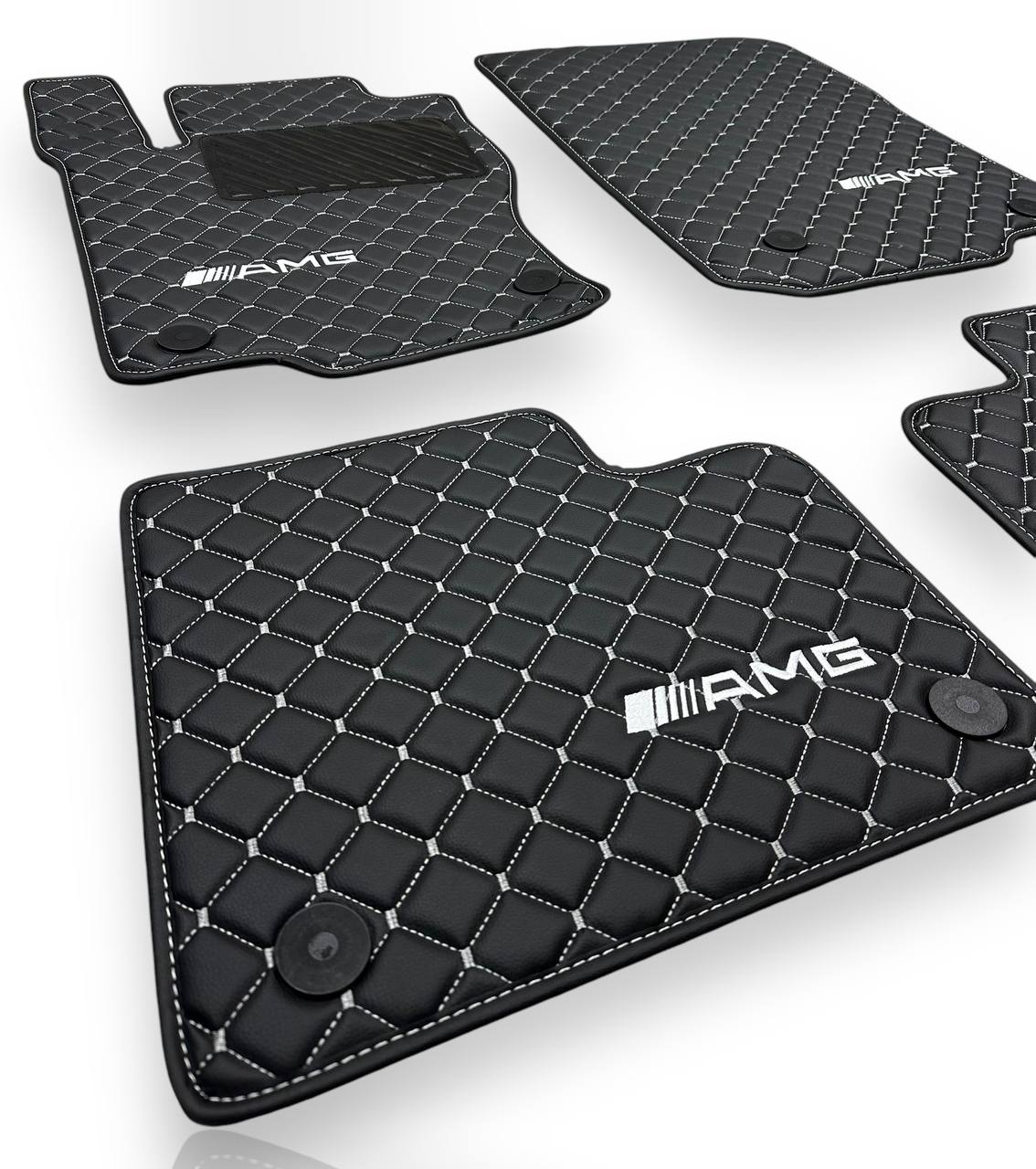 MERCEDES-BENZ Leather Luxury Car Floor Mats | Fits A-B-C-CL Series-E-EQ Series-S-SL Series-G-GL Series-ML-MAYBACH-R-AMG Models | Black Leather & White Stitch