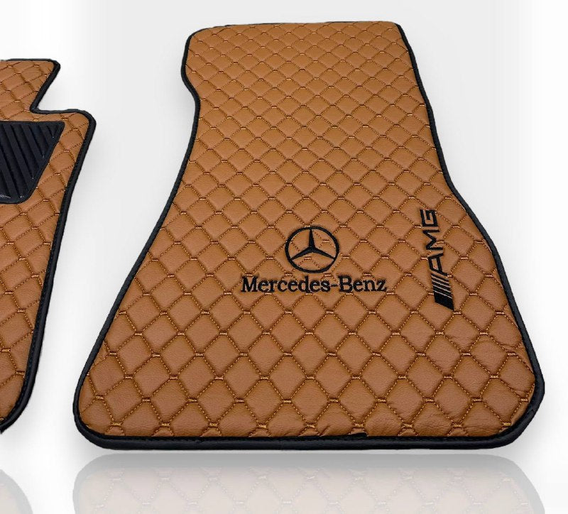 MERCEDES-BENZ Leather Luxury Car Floor Mats | Fits A-B-C-CL Series-E-EQ Series-S-SL Series-G-GL Series-ML-MAYBACH-R-AMG Models | Brown Leather & Brown Stitch