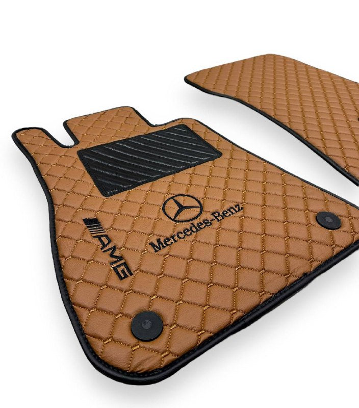 MERCEDES-BENZ Leather Luxury Car Floor Mats | Fits A-B-C-CL Series-E-EQ Series-S-SL Series-G-GL Series-ML-MAYBACH-R-AMG Models | Brown Leather & Brown Stitch