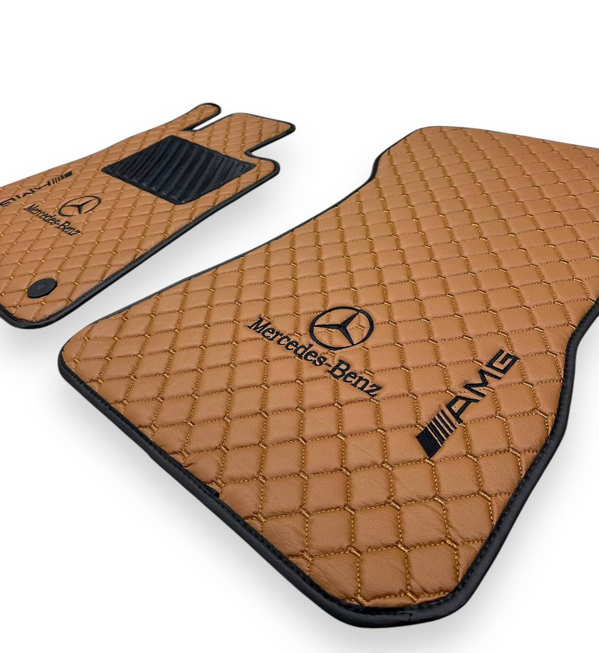 MERCEDES-BENZ Leather Luxury Car Floor Mats | Fits A-B-C-CL Series-E-EQ Series-S-SL Series-G-GL Series-ML-MAYBACH-R-AMG Models | Brown Leather & Brown Stitch
