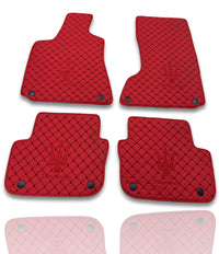 Luxury Leather Car Floor Mats Compatible With Maserati | Fits Ghibli, Quattroporte, GranTurismo, GranCabrio, Levante, Grecale, MC20, MCPURA, 4200 GT & More | Red Leather & Red Stitch