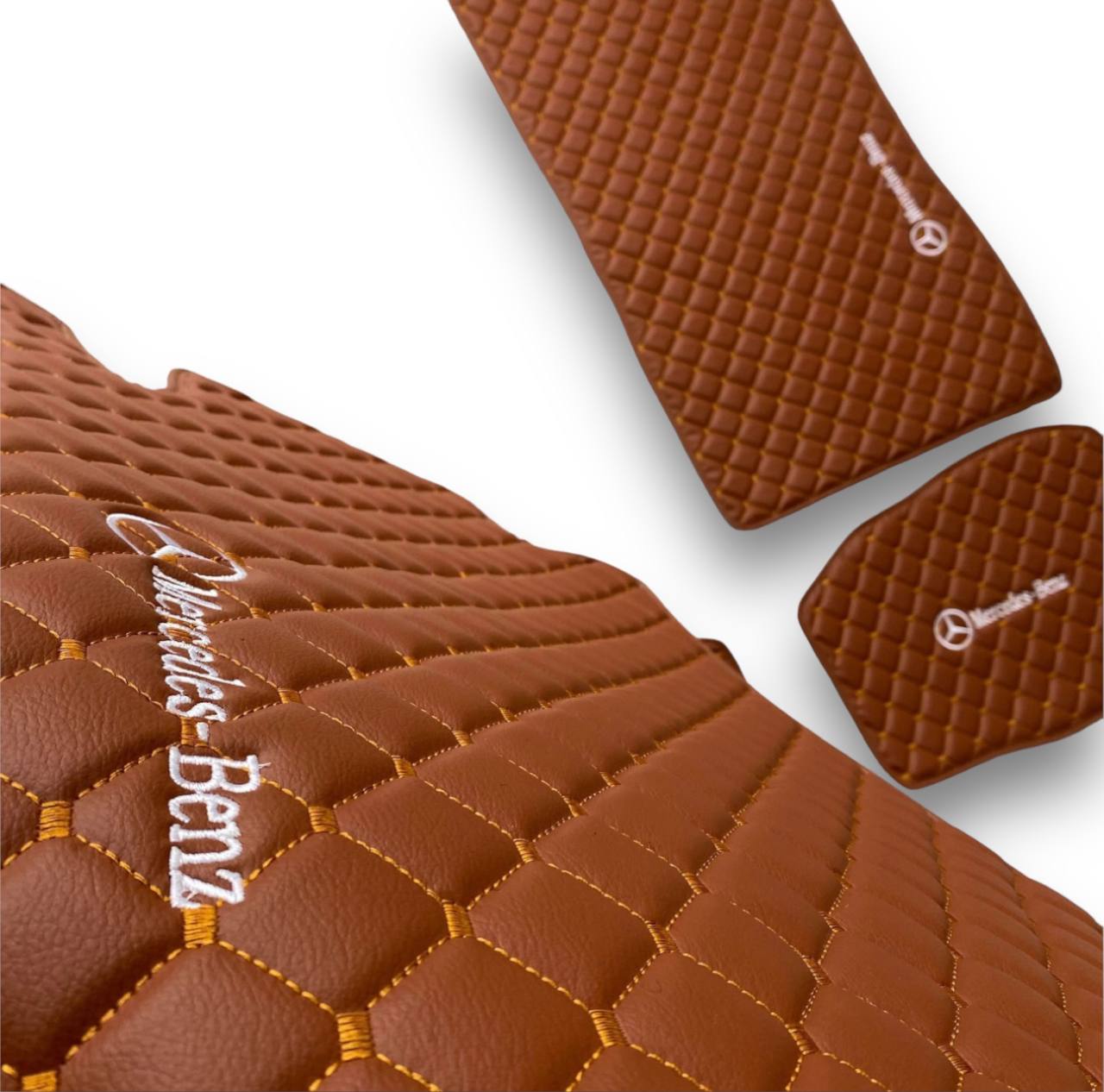 MERCEDES-BENZ Leather Luxury Car Floor Mats | Fits A-B-C-CL Series-E-EQ Series-S-SL Series-G-GL Series-ML-MAYBACH-R-AMG Models | Brown Leather & Brown Stitch