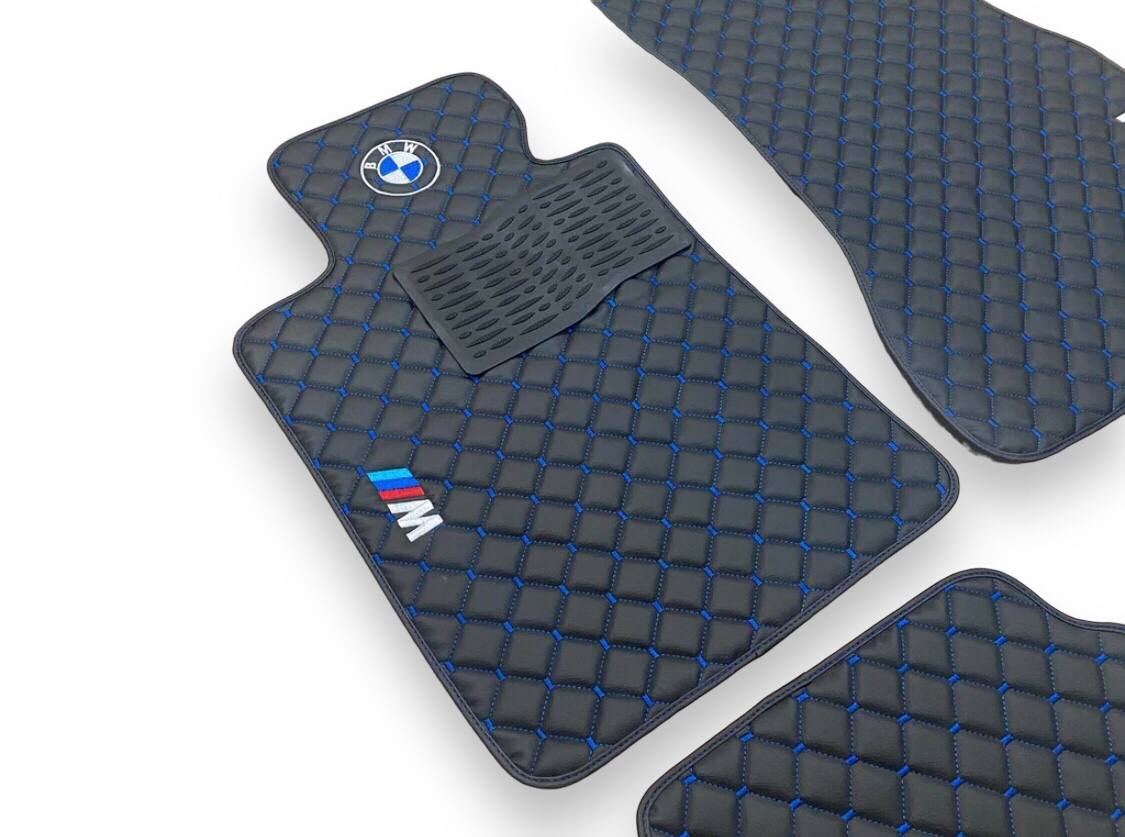 BMW Leather Luxury Car Floor Mats | Fits 1-2-3-4-5-6-7-8-M2-M3-M4-M5-M6-M8-X1-X2-X3-X4-X5-X6-X7-Z3-Z4-i3-i4-i5 Models | Black Leather & Blue Stitch