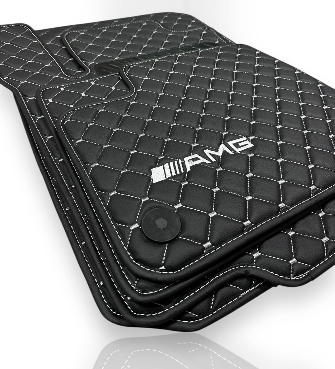 MERCEDES-BENZ Leather Luxury Car Floor Mats | Fits A-B-C-CL Series-E-EQ Series-S-SL Series-G-GL Series-ML-MAYBACH-R-AMG Models | Black Leather & White Stitch