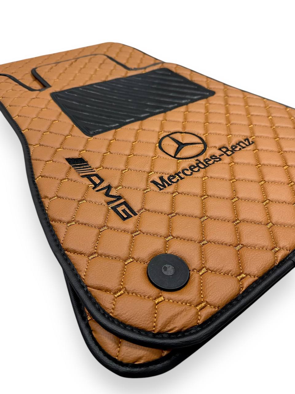MERCEDES-BENZ Leather Luxury Car Floor Mats | Fits A-B-C-CL Series-E-EQ Series-S-SL Series-G-GL Series-ML-MAYBACH-R-AMG Models | Brown Leather & Brown Stitch